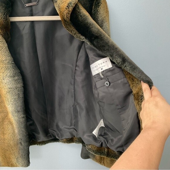 Trina Turk Faux Fur Short Jacket Oversized Collar Khaki Tan Green SUPER SOFT 6 - Picture 5 of 7